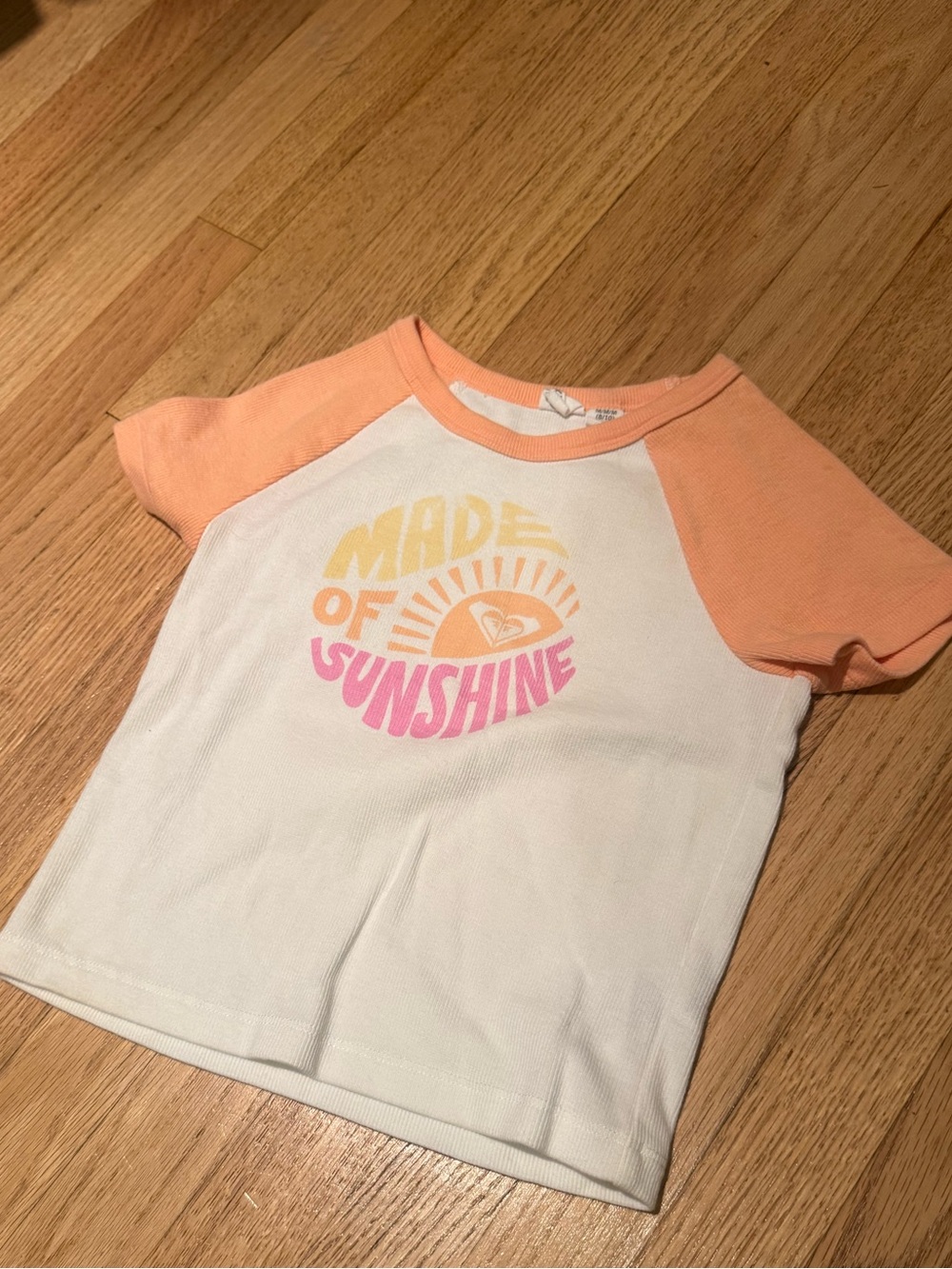 Roxy White Tee with Peach Raglan Sleeves and Sunshine Graphic